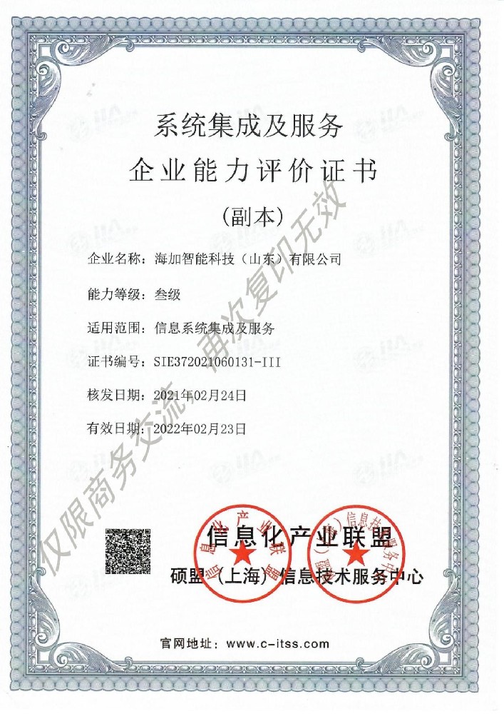 系统集成及服务企业能力评价证书